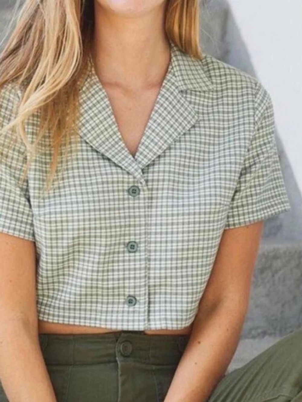 Brandy Melville Crop Button-Front Plaid Shirt - Green